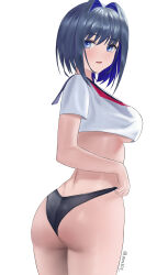 Rule 34 | 1girl, absurdres, adjusting clothes, adjusting panties, alternate breast size, alternate costume, ass, black hair, black panties, blue eyes, blue hair, breasts, colored inner hair, crop top, hair intakes, highres, hololive, hololive english, large breasts, looking back, multicolored hair, no pants, ouro kronii, panties, parted lips, sailor collar, short hair, simple background, solo, twisted torso, two-tone hair, underwear, virtual youtuber, wedgie, white background, yami (rear4742)