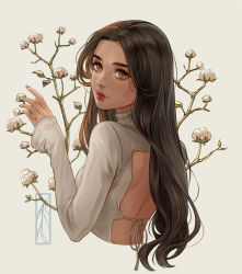 Rule 34 | 1girl, backless outfit, blue nails, brown eyes, brown hair, check copyright, closed mouth, commentary, copyright request, cropped torso, flower, from behind, grey background, grey sweater, hand up, highres, kotikomori, lips, long hair, long sleeves, looking at viewer, looking back, makeup, nail polish, original, red lips, simple background, sleeves past wrists, solo, sweater, tan, turtleneck, turtleneck sweater
