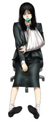 Rule 34 | 1girl, black hair, brown footwear, cast, chair, food, grey eyes, grey jacket, grey skirt, highres, hoshi san 3, jacket, long hair, long sleeves, looking to the side, mouth hold, office chair, office lady, pigeon-toed, popsicle, shoes, simple background, sitting, skirt, socks, solo, spec, swivel chair, touma saya, white background, white socks