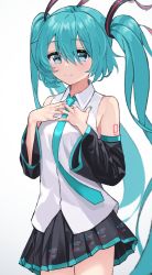 Rule 34 | 1girl, aqua eyes, aqua hair, aqua necktie, bare shoulders, black skirt, closed mouth, collared shirt, commentary request, detached sleeves, dress shirt, eyes visible through hair, gradient background, hair between eyes, hands on own chest, hatsune miku, highres, kuronosu (yamada1230), long hair, looking at viewer, nail polish, necktie, number tattoo, pleated skirt, shirt, shoulder tattoo, skirt, sleeveless, sleeveless shirt, smile, solo, tattoo, twintails, vocaloid, white background, white shirt