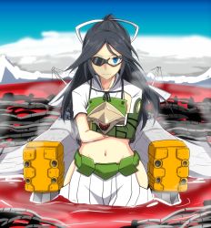 Rule 34 | 1girl, aaa wunder, asymmetric gloves, asymmetrical gloves, black hair, blue eyes, crossed arms, elbow gloves, evangelion: 3.0 you can (not) redo, fingerless gloves, furisode, glasses, gloves, gunbuster pose, hair ribbon, i b b e, japanese clothes, kantai collection, katsuragi (kancolle), kimono, long hair, looking at viewer, machinery, mecha musume, midriff, name connection, neon genesis evangelion, parody, partially submerged, pleated skirt, ponytail, rebuild of evangelion, remodel (kantai collection), ribbon, skirt, solo, standing, top wo nerae!, uneven gloves, wading, water