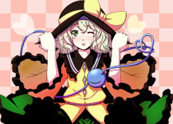Rule 34 | 1girl, :p, blush, bow, checkered background, crystal, dearmybrothers, face, female focus, frills, green eyes, hat, hat pull, hat ribbon, hat tug, heart, heart of string, komeiji koishi, one eye closed, ribbon, silver hair, smile, solo, third eye, tongue, tongue out, touhou, wide sleeves, wink