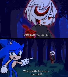 Rule 34 | 1boy, 1girl, english text, floating, forest, furry, furry male, gloves, green eyes, hair over one eye, half-closed eye, meme, nature, night, night sky, one-punch man, open mouth, parody, pointing, pointing at another, red eyes, sage (sonic), sky, sonic (series), sonic frontiers, sonic the hedgehog, subtitled, tasikyu, tree, white gloves, white hair