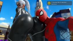 Rule 34 | 1boy, 1girl, 3d, absurdres, ass, black cat (marvel), blue sky, bodysuit, building, camera, day, drakepowers, face in ass, felicia hardy, from behind, highres, looking at viewer, marvel, mask, peter parker, sky, spider-man, spider-man (series), thigh gap, thighs, white hair