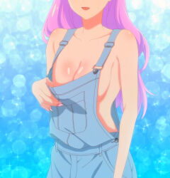 Rule 34 | 1girl, bare shoulders, breast focus, breasts, cleavage, collarbone, curvy, faceless, faceless female, fuufu ijou koibito miman., head out of frame, large breasts, long hair, midriff, nails, naked overalls, neck, overalls, pink hair, screencap, solo, sparkle background, stitched, tagme, third-party edit, underboob, watanabe akari