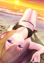 Rule 34 | 1girl, arm at side, bare arms, bare legs, bare shoulders, barefoot, beach, bikini, black bikini, blush, breasts, brown hair, commentary request, diffraction spikes, dutch angle, from above, full body, hair ornament, hairclip, highres, horizon, lens flare, looking at viewer, lying, navel, ocean, on back, original, outdoors, parted lips, purple eyes, shore, side-tie bikini bottom, side ponytail, small breasts, sunset, swimsuit, yuna rebun