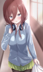 Rule 34 | 1girl, absurdres, black eyes, blue cardigan, blurry, blurry background, blush, brown hair, cardigan, clothes grab, commentary, cowboy shot, eyebrows hidden by hair, go-toubun no hanayome, green skirt, hair between eyes, hallway, hand up, headphones, headphones around neck, highres, holding, indoors, long hair, long sleeves, looking at viewer, mugi, nakano miku, parted lips, pleated skirt, shirt, skirt, solo, sunlight, white shirt