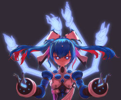 Rule 34 | 1girl, alternate costume, blue eyes, blue hair, bodysuit, closed mouth, commentary request, floating, floating hair, glowing, glowing eyes, hair between eyes, hands up, highres, humanization, long hair, looking at viewer, multicolored hair, nova (warframe), nova prime (warframe), red hair, simple background, smile, solo, twintails, two-tone hair, warframe, yyboo