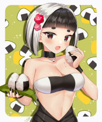 Rule 34 | 1girl, artist name, bare shoulders, black hair, black nails, bracelet, breasts, choker, cleavage, collarbone, flower, food, hair flower, hair ornament, holding, holding food, jewelry, large breasts, leaf, looking at viewer, multicolored hair, nail polish, naomi (fantasia), navel, onigiri, original, personification, short hair, signature, solo, white hair