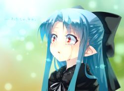 Rule 34 | 00s, 1girl, :o, bad id, bad pixiv id, blue hair, blurry, bokeh, bow, depth of field, hair bow, half updo, len (tsukihime), long hair, looking away, megurimu, melty blood, pointy ears, portrait, red eyes, sidelocks, solo, tears, translated, tsukihime, wide-eyed