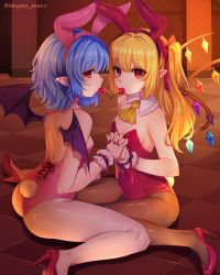 Rule 34 | 2girls, animal ears, ascot, ass, bare arms, bare shoulders, bat wings, black legwear, black wings, blonde hair, bow, breasts, checkered floor, cherry, covered navel, crystal, detached collar, eyelashes, fake animal ears, fishnet pantyhose, fishnets, flandre scarlet, food, fruit, hair bow, high heels, holding hands, indoors, interlocked fingers, leotard, long hair, looking at viewer, marota, mouth hold, multiple girls, nail polish, one side up, pantyhose, pink leotard, playboy bunny, pointy ears, profile, rabbit ears, rabbit tail, red bow, red eyes, red footwear, red leotard, red nails, remilia scarlet, shared food, shoes, siblings, sisters, sitting, small breasts, tail, touhou, twitter username, wings, yellow ascot