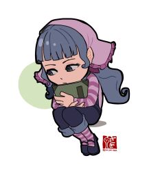 Rule 34 | 1girl, ace attorney, apollo justice: ace attorney, blue footwear, blue hair, blue jumpsuit, book, chibi, closed mouth, full body, green eyes, highres, holding, holding sketchbook, jumpsuit, long hair, long sleeves, looking to the side, pink headwear, saginoko, shoes, simple background, sitting, sketchbook, solo, sweater, vera misham, white background