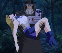 Rule 34 | 1boy, 1girl, absurdres, bare shoulders, black coat, blonde hair, boots, breasts, carrying, closed eyes, coat, curvy, forest, hat, head, highres, kidnapping, large breasts, long hair, long legs, mask, miniskirt, nature, night, princess carry, skirt, sleeveless, smile, tenjouin asuka, unconscious, yu-gi-oh!, yu-gi-oh! gx