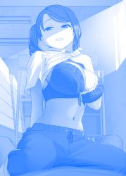Rule 34 | 1boy, 1girl, blue theme, bra, breasts, clothes lift, commentary request, getsuyoubi no tawawa, girl on top, gym storeroom, gym uniform, highres, himura kiseki, imminent penetration, large breasts, light rays, looking at viewer, navel, pants, shaded face, shirt lift, side ponytail, smile, underwear, window