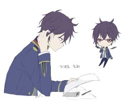 Rule 34 | 1boy, blue jacket, chibi, closed mouth, dance with devils, facing to the side, holding, holding paper, jacket, long sleeves, looking down, male focus, natsumezaka shiki, paper, purple hair, qi7pi, red eyes, shirt, short hair, solo, translation request, white shirt