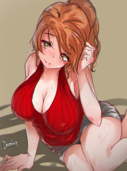 Rule 34 | 1girl, alternate costume, aquila (kancolle), artist name, breasts, casual, cleavage, commentary request, cowboy shot, green background, grey skirt, hair ornament, hairclip, high ponytail, kantai collection, large breasts, long hair, looking at viewer, mani oniniku, orange hair, pencil skirt, red sweater, ribbed sweater, sitting, skirt, sleeveless, sleeveless sweater, smile, solo, sweater, wavy hair, yellow eyes, yokozuwari