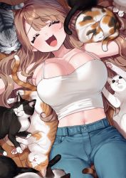 Rule 34 | 1girl, :3, :d, animal, armpits, bare shoulders, blue pants, breasts, brown hair, calico, camisole, cat, cleavage, closed eyes, collarbone, crop top, denim, facing viewer, high-waist pants, highres, kodama&#039;s elder sister (sakura yuki), large breasts, long hair, lying, midriff, multiple cats, navel, on back, open mouth, original, outstretched arms, pants, sakura yuki (clochette), shirt, skindentation, sleeveless, sleeveless shirt, smile, solo, spaghetti strap, stomach, white shirt, wooden floor