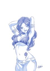 Rule 34 | 1girl, absurdres, armlet, bikini, bikini top only, breasts, cana alberona, cleavage, fairy tail, highres, large breasts, long hair, looking at viewer, mashima hiro, monochrome, navel, official art, one eye closed, pants, smile, solo, swimsuit, tongue, tongue out, underboob