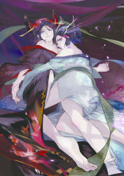 Rule 34 | 10s, 2girls, absurdres, alternate hairstyle, bad anatomy, bad feet, barefoot, black hair, blue eyes, breasts, cleavage, comb, dark persona, dual persona, eyeshadow, galanyu, gradient background, hair ornament, highres, holding hands, japanese clothes, junketsu, kill la kill, kimono, large breasts, looking at viewer, looking back, lying, makeup, matoi ryuuko, multicolored hair, multiple girls, off shoulder, one eye closed, poorly drawn, selfcest, senketsu, short hair, two-tone hair
