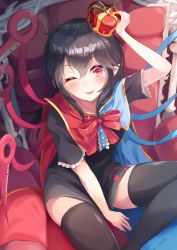 Rule 34 | 1girl, ;), adjusting clothes, adjusting headwear, asymmetrical wings, black dress, black hair, black thighhighs, blush, bow, bowtie, breasts, cape, chair, commentary request, crown, dress, dress tug, embellished costume, hat, highres, houjuu nue, igayan, looking at viewer, navel, one eye closed, parted lips, pointy ears, red bow, red bowtie, red eyes, short dress, short sleeves, sitting, smile, solo, thighhighs, touhou, water, wings, zettai ryouiki