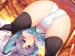Rule 34 | 1girl, against fence, ass, bent over, black thighhighs, bra, bra pull, breasts, breasts out, brown eyes, cameltoe, chain-link fence, clothes pull, cloud, dutch angle, evening, fence, from behind, game cg, hanging breasts, iizuki tasuku, large breasts, legs, long hair, looking at viewer, looking through own legs, lovely x cation 2, narukawa hime, navel, nipples, open mouth, panties, ponytail, purple hair, school uniform, skirt, skirt around one leg, skirt pull, sky, solo, sunset, sweat, thighhighs, thighs, twilight, underwear, upside-down, white bra, white panties