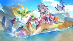 0jae 1girl absurdres aqua_hair bell blue_sky cloud cloudy_sky detached_sleeves food frilled_hairband frills fruit genshin_impact grapes hairband highres holding holding_food holding_fruit japanese_clothes kimono long_hair long_sleeves looking_at_viewer neck_bell obi_bow open_mouth orange_(fruit) outdoors pink_kimono second-party_source sitting sky sleeve_bow sleeveless sleeveless_kimono smile solo water yumemizuki_mizuki