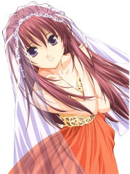 Rule 34 | 00s, 1girl, arched back, bare arms, chikage (sister princess), collarbone, crossed arms, dress, grin, highres, long hair, looking at viewer, orange dress, purple eyes, purple hair, see-through, simple background, sister princess, smile, solo, strapless, strapless dress, tenhiro naoto, veil, white background
