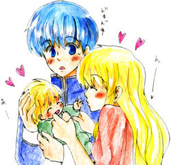 Rule 34 | 1boy, 2girls, age difference, artist request, baby, blonde hair, blue eyes, blue hair, family, father and daughter, finn (fire emblem), fire emblem, fire emblem: genealogy of the holy war, lachesis (fire emblem), lowres, mother and daughter, multiple girls, nanna (fire emblem), nintendo, source request, aged down
