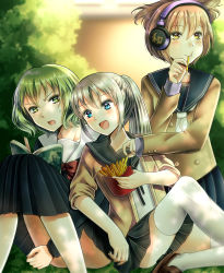 Rule 34 | 3girls, :d, absurdres, alternate costume, annoyed, bad id, bad pixiv id, black serafuku, blue eyes, book, buttons, cardigan, contemporary, double-breasted, eating, food, food theft, french fries, green eyes, green hair, headphones, highres, knees up, leaning on person, light brown hair, loafers, looking at another, looking to the side, miniskirt, mononobe no futo, multiple girls, open book, open cardigan, open clothes, open mouth, outdoors, pleated skirt, ponytail, ribbon, satomi nori, school uniform, serafuku, shoes, short hair, sideways glance, silver hair, sitting, skirt, sleeves past wrists, sleeves pushed up, smile, soga no tojiko, sweatdrop, thighhighs, touhou, toyosatomimi no miko, white legwear, yellow eyes