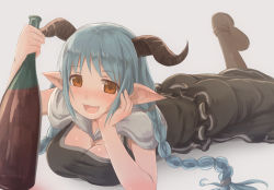 Rule 34 | 1girl, :3, :d, black dress, blue hair, blush, bottle, braid, breasts, brown eyes, cleavage, commentary, draph, dress, fang, granblue fantasy, head rest, highres, hikari niji, holding, holding bottle, horns, large breasts, long hair, lying, nose blush, on stomach, open mouth, pointy ears, rumredda, smile, solo, twin braids, wine bottle