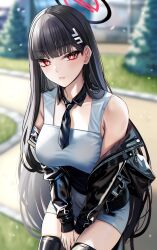 Rule 34 | 1girl, bare shoulders, black hair, black jacket, black thighhighs, blue archive, blunt bangs, blurry, blurry background, blush, breasts, collarbone, dress, hair ornament, hairclip, halo, highres, jacket, large breasts, long hair, long sleeves, looking at viewer, necktie, nicky w, off shoulder, open clothes, open jacket, red eyes, rio (blue archive), solo, thighhighs, thighs, very long hair, white dress