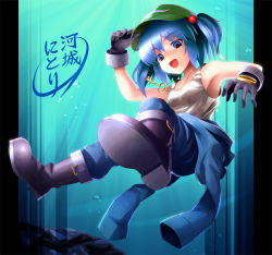Rule 34 | 1girl, blue eyes, blue hair, blush, boots, breasts, bubble, clothes around waist, gloves, gyokuto b, hair bobbles, hair ornament, hat, jacket, jacket around waist, kawashiro nitori, key, matching hair/eyes, open mouth, pants, rock, short hair, skirt, small breasts, smile, solo, text focus, touhou, twintails, two side up, underwater