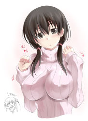 Rule 34 | 2girls, black eyes, black hair, blush, breasts, hair between eyes, huge breasts, impossible clothes, impossible shirt, jindai komaki, long hair, long sleeves, looking at viewer, mister (black and white), multiple girls, open mouth, pink sweater, ribbed sweater, saki (manga), shirt, solo focus, sweater, turtleneck, turtleneck sweater, twintails, upper body, usuzumi hatsumi