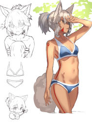 Rule 34 | 1girl, animal ear fluff, animal ears, arm up, armpits, bare arms, bare shoulders, bikini, blue bikini, bodypaint, breasts, brown eyes, chibi, cleavage, closed mouth, collarbone, commentary request, flying sweatdrops, fox ears, fox girl, fox tail, grey hair, hair between eyes, holding, looking at viewer, medium breasts, multiple views, navel, original, ponytail, shading eyes, smile, swimsuit, tail, yuuji (yukimimi)