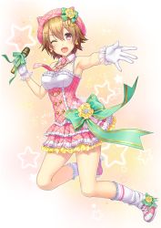 Rule 34 | 1girl, aimori meguru, bare shoulders, blush, breasts, brown eyes, brown hair, full body, gloves, green ribbon, hair ornament, hairclip, highres, holding, holding microphone, idol, jumping, looking at viewer, medium breasts, microphone, one eye closed, open mouth, original, ribbon, short hair, smile, solo, white gloves, x hair ornament