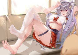 Rule 34 | 1girl, absurdres, aged up, azur lane, ban tang, breasts, fang, foot focus, full body, highres, indoors, large breasts, looking at viewer, midriff, miniskirt, red eyes, red skirt, silver hair, single thighhigh, skin fang, skirt, solo, thigh strap, thighhighs, underboob, white thighhighs, yuudachi (azur lane), yuudachi (the bride of solomon) (azur lane)