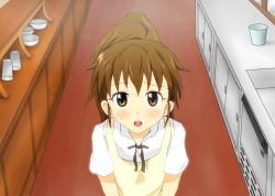 Rule 34 | 1girl, apron, blush, brown eyes, brown hair, female focus, flat chest, indoors, long hair, looking up, meta (azolto), open mouth, ponytail, restaurant, solo, taneshima popura, waitress, working!!