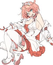 1girl blue_eyes breasts collar elphelt_valentine guilty_gear guilty_gear_strive hand_on_own_knee jacket lghz_bandau looking_at_viewer official_alternate_color pink_hair short_hair sitting skirt smile spiked_collar spiked_footwear spikes white_footwear white_jacket white_skirt