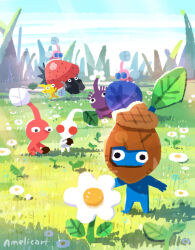 Rule 34 | acorn, amelicart, artist name, black eyes, black skin, blue eyes, blue pikmin, blue skin, blue sky, blueberry, brown headwear, bud, carrying, cloud, colored skin, commentary request, covered mouth, day, field, flower, flower field, flying, food, fruit, grass, hat, highres, holding, insect wings, leaf, looking at object, nintendo, no humans, no mouth, oversized food, oversized object, pikmin (creature), pikmin (series), pikmin bloom, pink skin, pointy ears, pointy nose, purple hair, purple pikmin, purple skin, red eyes, red pikmin, red skin, rock, rock pikmin, short hair, sky, solid circle eyes, squatting, strawberry, very short hair, white flower, white pikmin, white skin, winged pikmin, wings, yellow pikmin, yellow skin