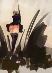 Rule 34 | 1girl, ass, black dress, black footwear, black thighhighs, boots, butt crack, dress, feather-trimmed sleeves, high heel boots, high heels, highleg, highleg leotard, holding, holding sword, holding weapon, juliet sleeves, leotard, long sleeves, nier (series), nier:automata, noccu, puffy sleeves, ribbed dress, silver hair, solo, sword, thigh boots, thighhighs, thighhighs under boots, vambraces, weapon, white leotard, 2b (nier:automata)