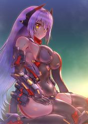 Rule 34 | 1girl, breasts, covered navel, elbow gloves, fukadumeasadume, gloves, gradient background, highres, large breasts, leotard, long hair, nintendo, orange eyes, poppi (xenoblade), poppi qtpi (xenoblade), purple hair, sitting, smile, solo, thighhighs, wariza, xenoblade chronicles (series), xenoblade chronicles 2