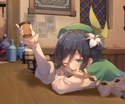 Rule 34 | 1boy, ;d, alcohol, beer mug, blue hair, blush, bottle, braid, cape, cup, drunk, flower, frilled sleeves, frills, genshin impact, green cape, green eyes, green headwear, hair flower, hair ornament, holding, holding cup, indoors, long sleeves, looking at viewer, mug, one eye closed, open mouth, sitting, smile, table, tavern, trap, twin braids, venti (genshin impact), window