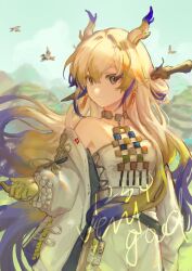Rule 34 | 1girl, animal, arknights, bare shoulders, bird, blonde hair, chinese commentary, closed mouth, commentary request, cowboy shot, dragon girl, dragon horns, earrings, grey eyes, hair between eyes, highres, horns, jacket, jewelry, long hair, long sleeves, looking at viewer, multicolored hair, necklace, off shoulder, open clothes, open jacket, outdoors, pants, pointy ears, purple hair, shu (arknights), smile, solo, sparklings (1234 hen hao chi), standing, strapless, tube top, watermark, white hair, white jacket, white pants, white tube top