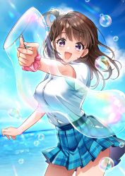 Rule 34 | 1girl, bad id, bad pixiv id, blue skirt, breasts, brown hair, bubble, collared shirt, contrapposto, cowboy shot, highres, iro 178, large breasts, lens flare, long hair, looking at viewer, miniskirt, ocean, open mouth, original, plaid, plaid skirt, pleated skirt, purple eyes, school uniform, scrunchie, shirt, shirt tucked in, side ponytail, skirt, sky, smile, solo, summer, taut clothes, taut shirt, uniform, water, white shirt, wrist scrunchie