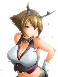 Rule 34 | 1girl, bare arms, black skirt, breasts, brown hair, chishio (onoderayui), cleavage, collar, flipped hair, gloves, green eyes, hand on own hip, headgear, highres, kantai collection, large breasts, looking at viewer, metal belt, midriff, mutsu (kancolle), navel, one eye closed, petals, short hair, simple background, skirt, solo, upper body, white background, white gloves