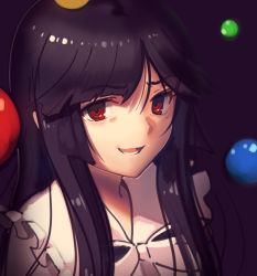 Rule 34 | 1girl, :d, balloon, black hair, boa (brianoa), bow, bowtie, highres, houraisan kaguya, long hair, looking at viewer, open mouth, portrait, purple background, red eyes, revision, ringed eyes, simple background, smile, solo, touhou, white bow, white bowtie
