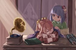 Rule 34 | 2girls, 5alive, blunt bangs, book, closed eyes, closed mouth, commentary request, desk, flower, green robe, hair bobbles, hair flower, hair intakes, hair ornament, head rest, hieda no akyuu, highres, indoors, light particles, light rays, looking at another, motoori kosuzu, multiple girls, phonograph, pink flower, purple eyes, purple hair, purple scarf, robe, scarf, scroll, shawl, short hair, sleeping, smile, touhou, two side up, upper body, wall