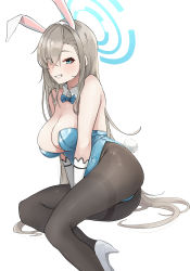 Rule 34 | 1girl, animal ears, asuna (blue archive), asuna (bunny) (blue archive), bare shoulders, blue archive, blue eyes, blue leotard, blush, bow, bowtie, breasts, brown pantyhose, cleavage, detached collar, elbow gloves, fake animal ears, gloves, grin, hair over one eye, halo, haseneko, high heels, highleg, highleg leotard, highres, large breasts, leotard, light brown hair, long hair, looking at viewer, mole, mole on breast, pantyhose, playboy bunny, rabbit ears, smile, solo, thighs, traditional bowtie, white gloves