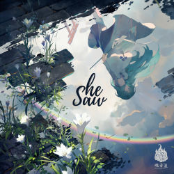 Rule 34 | 1girl, album cover, arms behind back, bare shoulders, cloud, cloudy sky, cover, detached sleeves, english text, flower, frog, frog hair ornament, gohei, green eyes, green hair, hair ornament, hair tubes, japanese clothes, kochiya sanae, long hair, looking at viewer, looking back, miko, puddle, rainbow, reflection, rei (sanbonzakura), skirt, sky, snake, snake hair ornament, solo, sunlight, touhou, upside-down, water, wide sleeves, wind