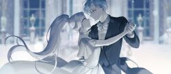 Rule 34 | 1boy, 1girl, ballroom, blue theme, blurry, bokeh, bow, bowtie, braid, choker, couple, dancing, depth of field, earrings, elf, eye contact, face-to-face, floating hair, formal, frieren, hand on another&#039;s shoulder, hand on another&#039;s waist, hetero, highres, himmel (sousou no frieren), holding hands, indoors, jacket, jewelry, korean commentary, light particles, looking at another, monochrome, mungg kki, official alternate costume, outstretched arm, pants, pointy ears, ponytail, profile, shirt, short hair, short sleeves, smile, sousou no frieren, tailcoat, traditional bowtie, tuxedo, twintails, upper body, vest, wide sleeves